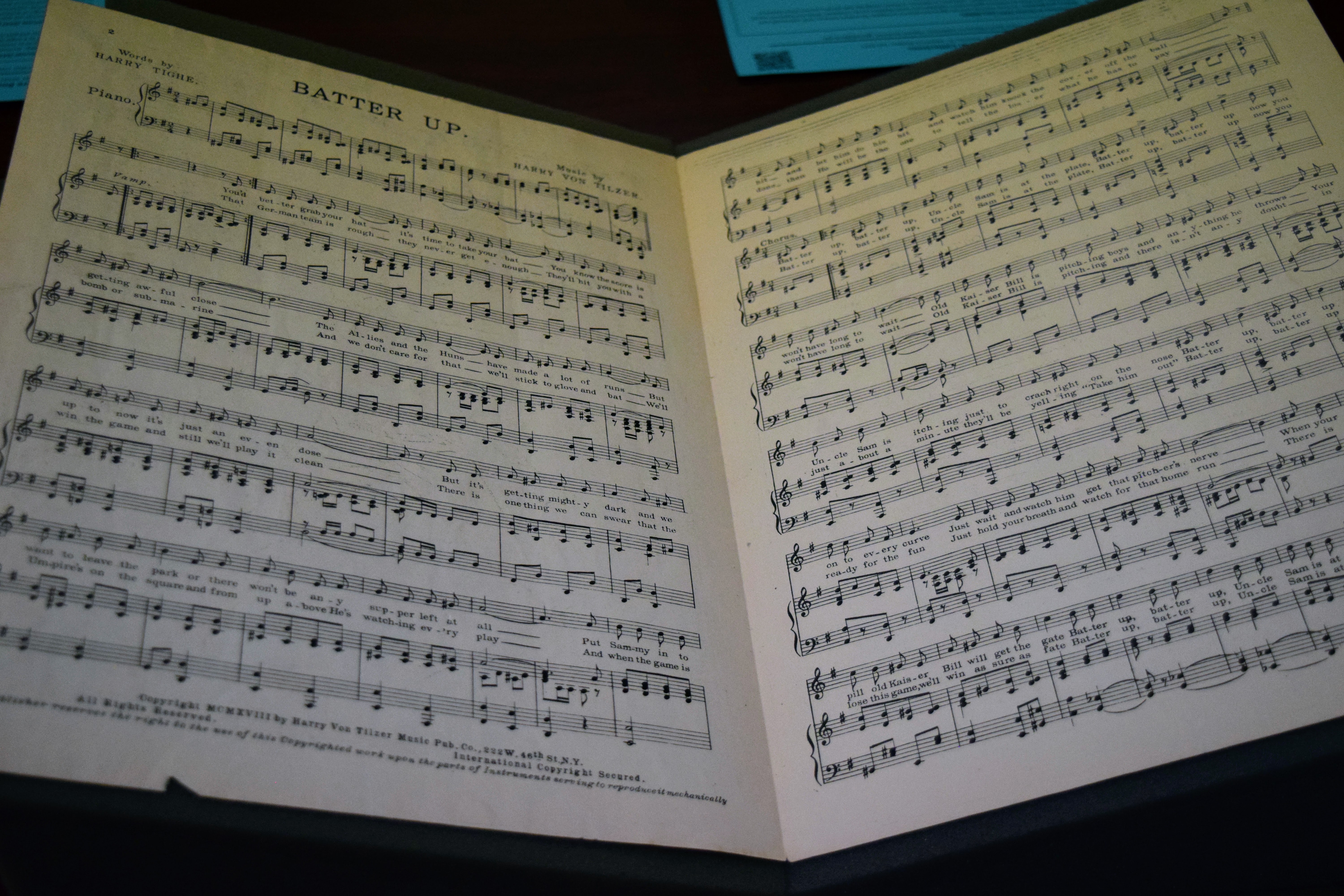 Batter Up, Uncle Sam is at the Plate, Harry Von Tilzer (composer); Harry Tighe (lyricist). New York: Harry Von Tilzer Music Publishing Co., 1918